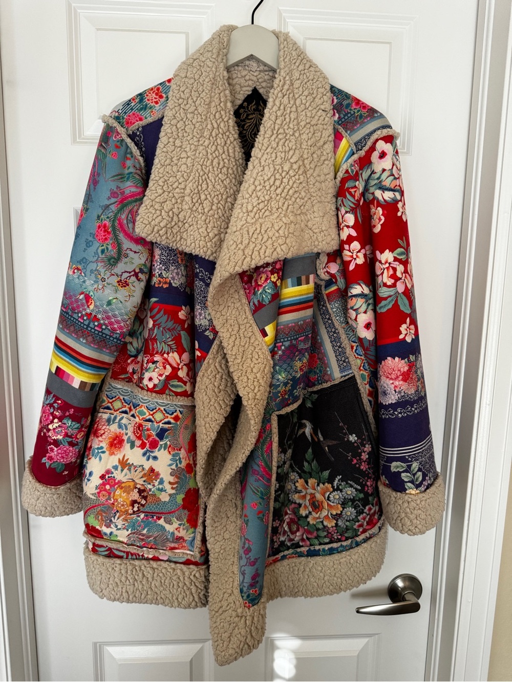 Johnny Was-Biya-Multicolor Floral Patchwork Teddy Coat with Cream Sherpa Trim